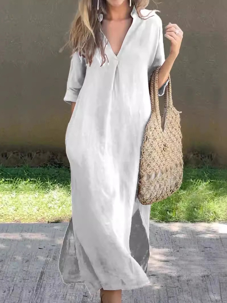 Designer Plus Size Dressplus Size Women's Fashion 2025 Summer New V-neck Three-quarter Sleeve Cotton Linen Side Slit Dress Solid Color Casual Lon