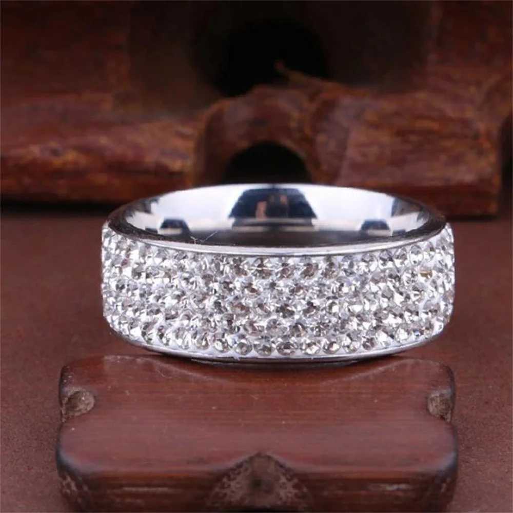 8mm Wide Five Rows Full Rhinestone Shiny Rings Stainless Steel Gold Silver Color Ring For Women Men Hip Hop Fashion Party Jewelry M250620