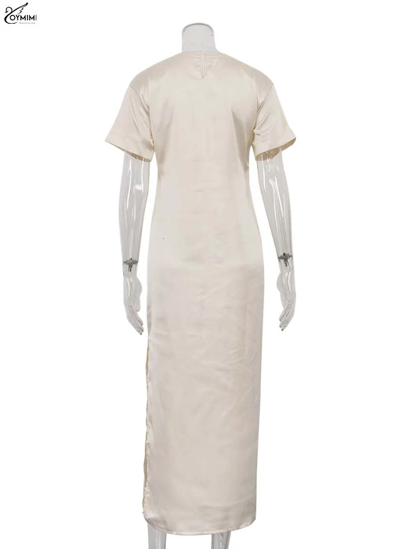 Oymimi Elegant Apricot O-Neck Womens Dress Fashion Short Sleeve Side Slit Solid Dresses Casual Straight Mid-Calf Dress Female 250619