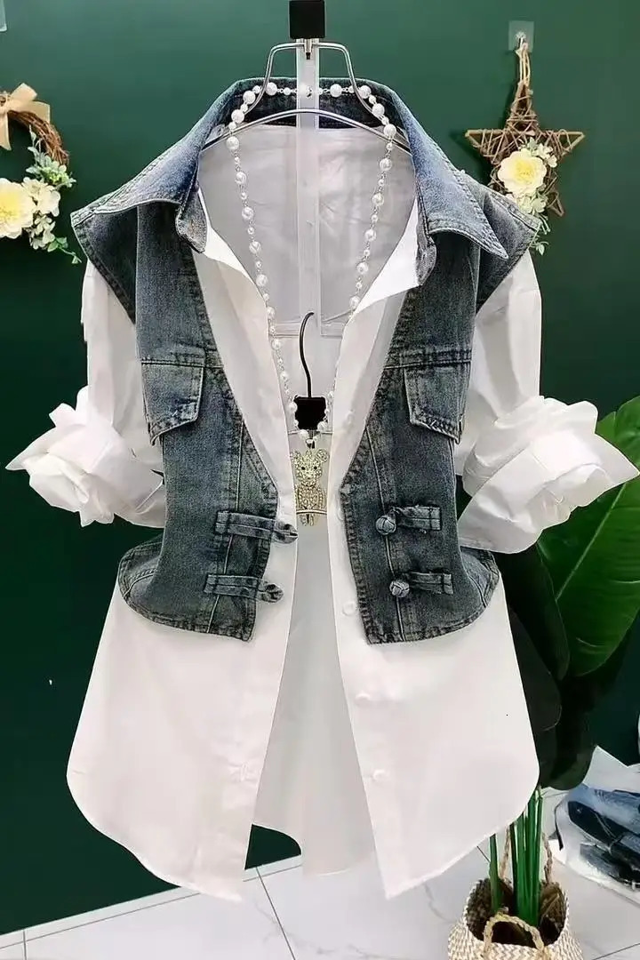 Fashion Sense Striped Denim Jackets Shirt Womens Spring Summer Cowboy Splicing Two Pieces Shirt Coat Top Women 250619