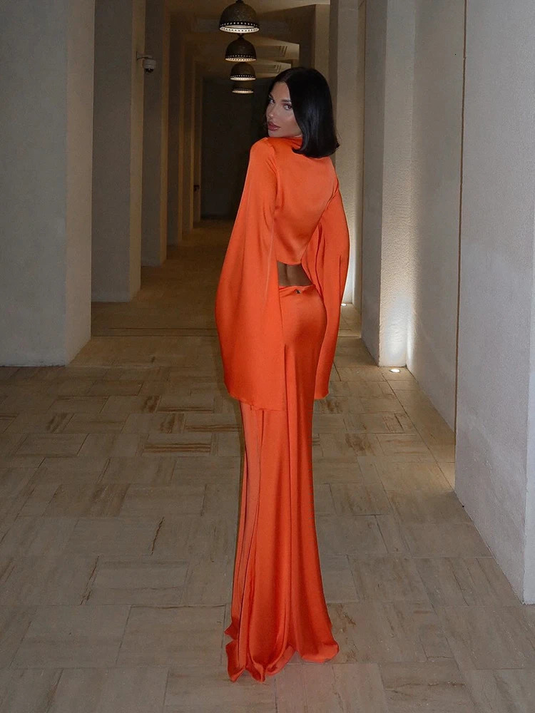 Huhugirl Sets Women Fashion Sexy Streetwear Solid Flare Sleeve Deep V-Neck Tracksuits TopsLong SkirtsMatching 2 Pieces Female 250619