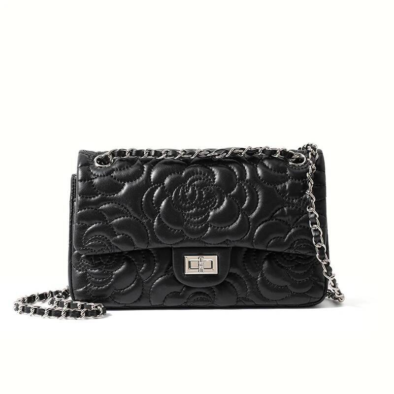 DHGM 2025 new women's senior sense ladies leather camellia pattern chain shoulder messenger bag