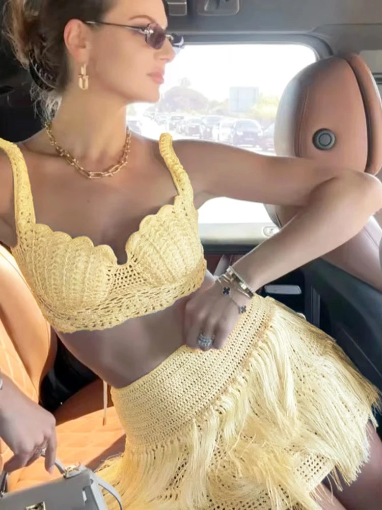 Sexy Knitted Tassels Top Mini Skirt Set Women Crop Bikini Vests Multi Layers Fringe Skirts 2025 Summer Beach Party Outfits Lady 250619