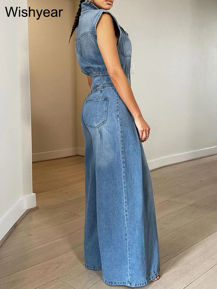 Vintage Loose Denim Wide Leg Pants Jumpsuit Women Pocket Sleeveless Single Breasted Baggy Jean One Piece Rompers Street Overalls 250619