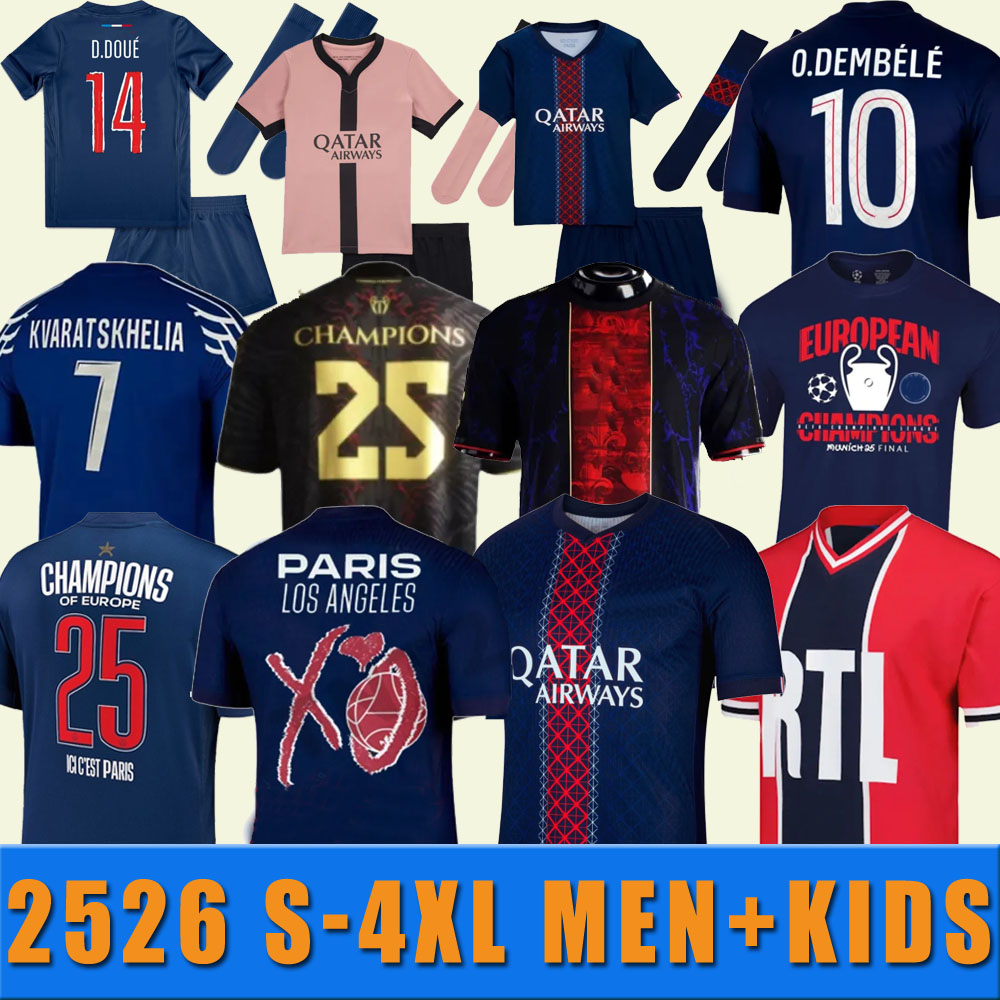 2025 2026 S-4XL O. DEMBELE D.DOUE psgES S-4XL Soccer Jersey home Maillots football shirt psgjersey men KVARATSKHELIA kids uniform HAKIMI MARQUINHOS