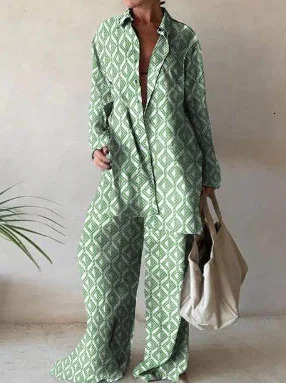 Spring And Summer Womens Suit Fashion Printed Casual Long-sleeved Shirt Loose Pants And Floor-length Pants Two-piece Set 250619