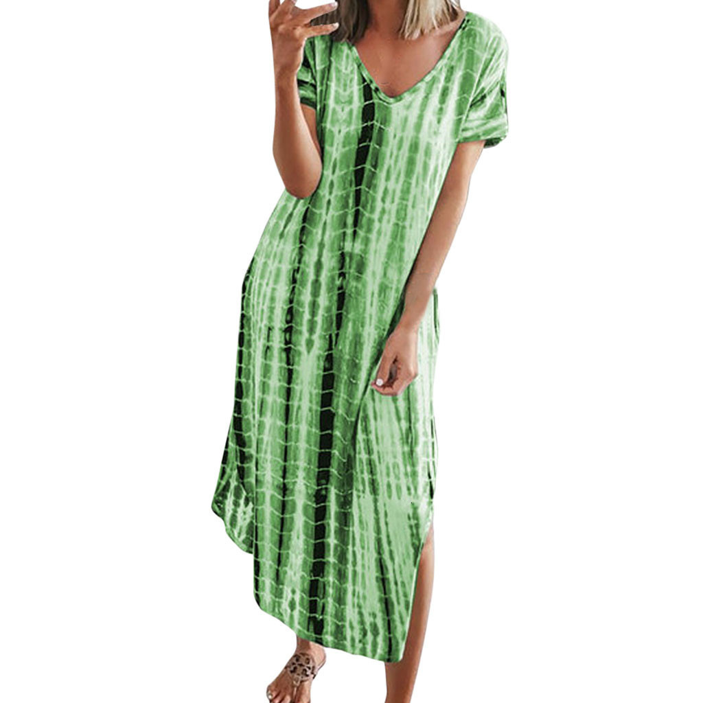 Designer Plus Size Dress2025 Summer New European And American Women's Printed Tie-dye Split V-neck Loose Slimming Plus Size Irregular Dress