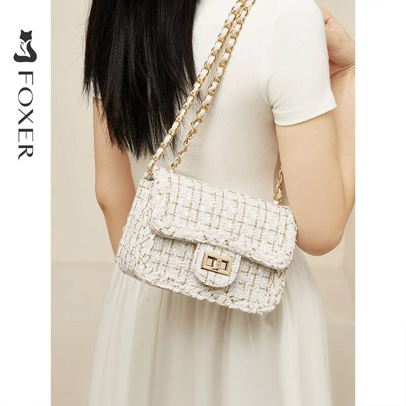DHGM DHGM FOXER Fabric Women Chain Shoulder Small Flap 2025 Summer PU Female Fashion Crossbody Bag Purse Gift for Wife,Girlfriend