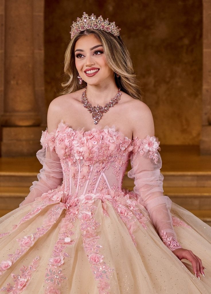 Champagne Princess Quinceanera Dresses With Pink Floral Lace Applique Off Shoulder Removable Long Sleeves Bow Back Prom Ball Gown Sweet 16 Dress Vesti