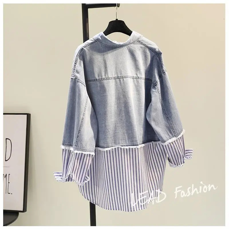 Blue Striped Denim Patchwork High Street Long Sleeve Polo-Neck Womens Blouse Shirt Korean Fashion Female Clothing Tops Spring 250619