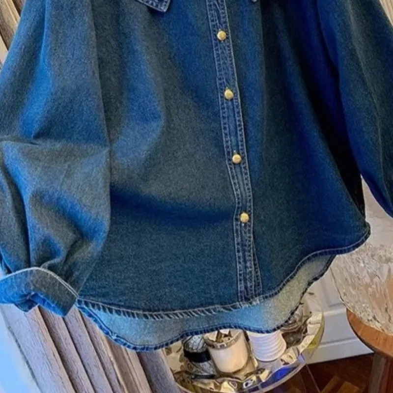 Matakawa Denim Shirts blouses Women Tops Peter Pan Collar Vintage Solid Blusas Mujer Korean Fashion Spring Autumn Camisas 250619