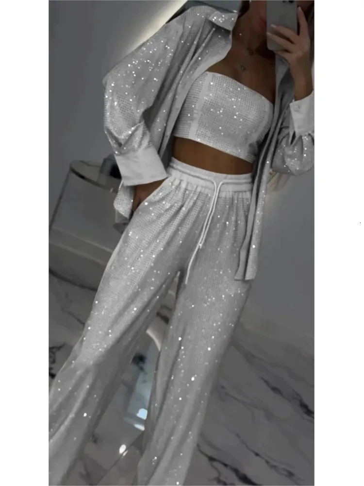 2025 Spring Fashion Sequin Women 3 Piece Sets Elegant Club Party Multi-color Outfit Casual Lapel Shirt Wide Leg Pant Set 250619
