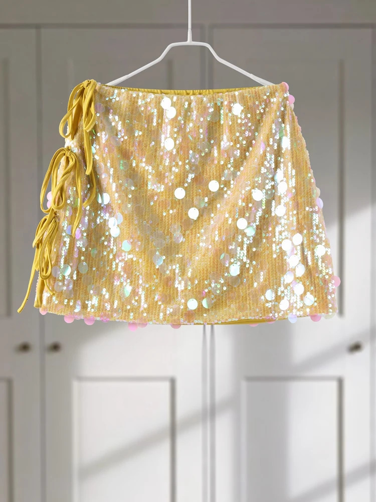 Sequin Side Split Women Skirt Bandage Slim Lady Mini Skirts 2025 Fashion Sexy High Waist Lace Up Lady Club A-line Female Vestido 250619