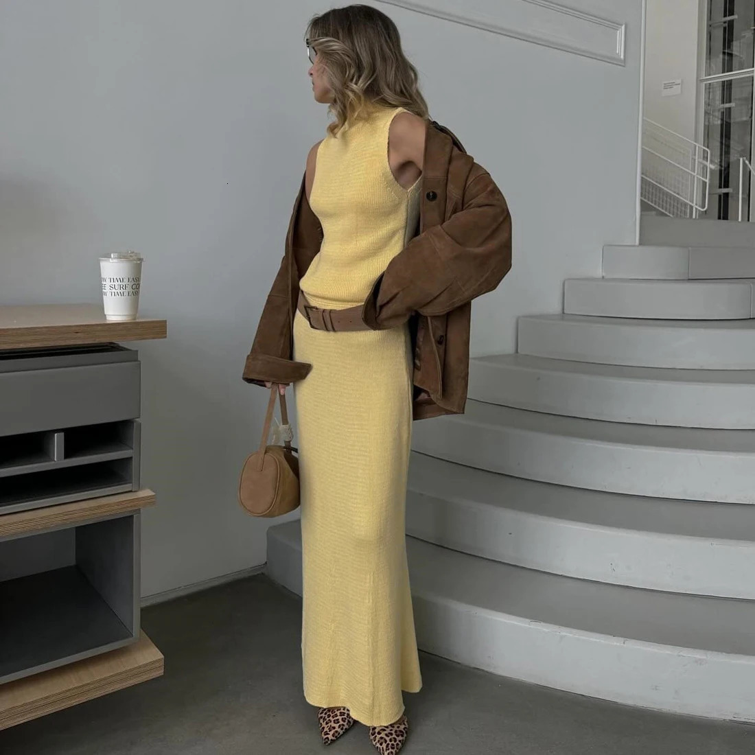 Tuularose Elegant Long Skirt Two-piece Set Womens Sleeveless Knitted Turtleneck Vest Slim Skirt Set 2025 Fashion Skirt Set 250619