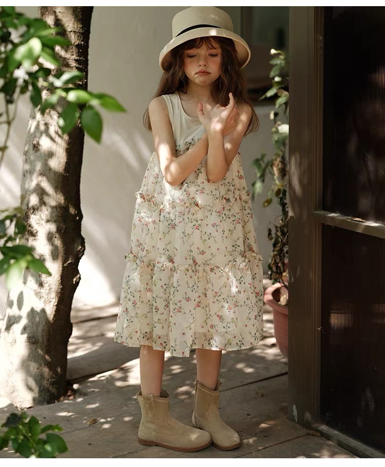 Girls' Knitted Splicing Chiffon Cake Dress Loose daily outerwear dress