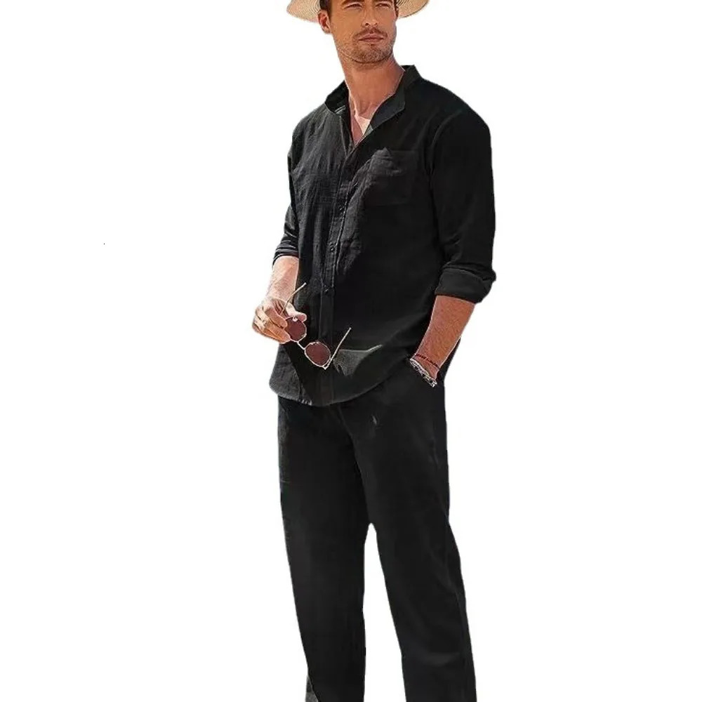 Sports Suit Mens Sets Beach Casual Loose Suit Long Sleeve Shirt Trousers Two-piece Suit Menswear 250619