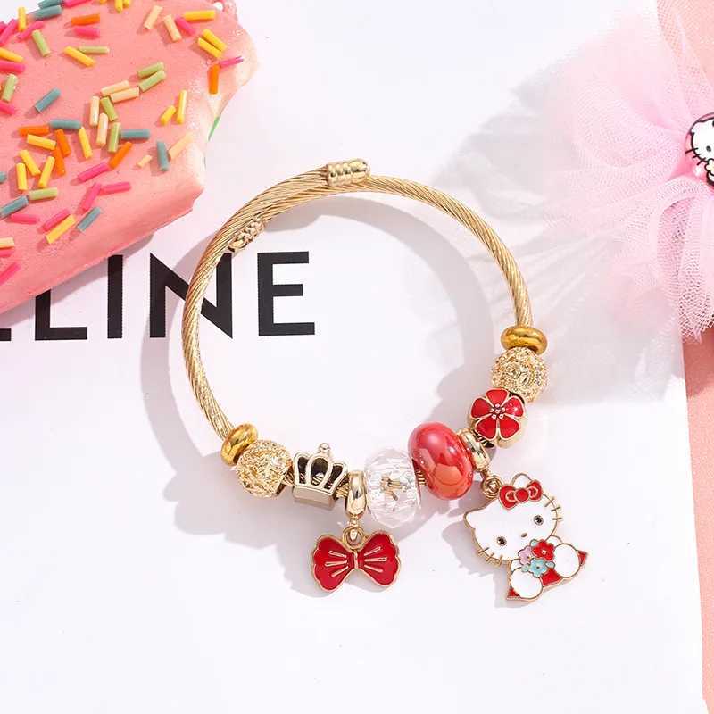 Sanrio Sweet Cartoon Cute Hello Kitty Flower Bowknot Charms Bracelets for Women Girls Sanrio Gold Color Stainless Steel Bangle Jewelry w250716