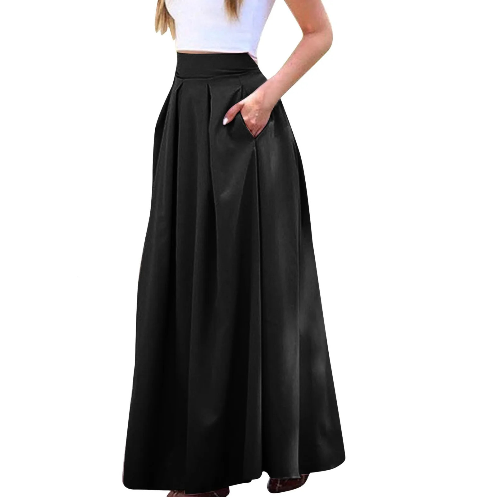 Spring Summer Office Lady Pleated Skirt Women High Waist A Line Floor Length Skirt Faldas With Pockets Solid Baggy Maxi Skirt 250619