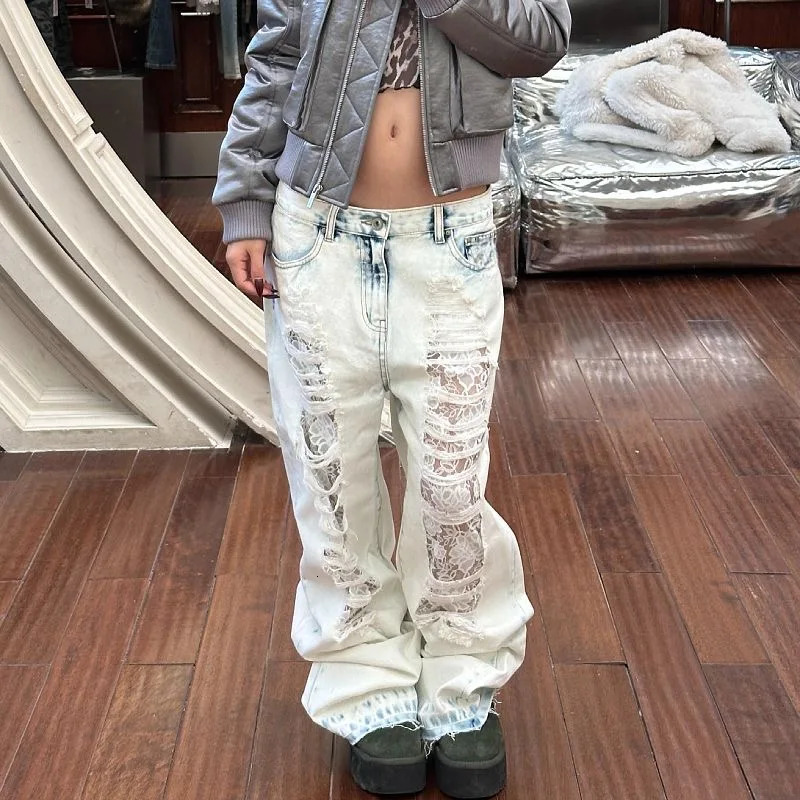 Light Blue Womens Ripped Jeans High Waist Vintage Classic Straight Baggy Denim Pants Street Y2K American Style Wide Leg Denim 250619
