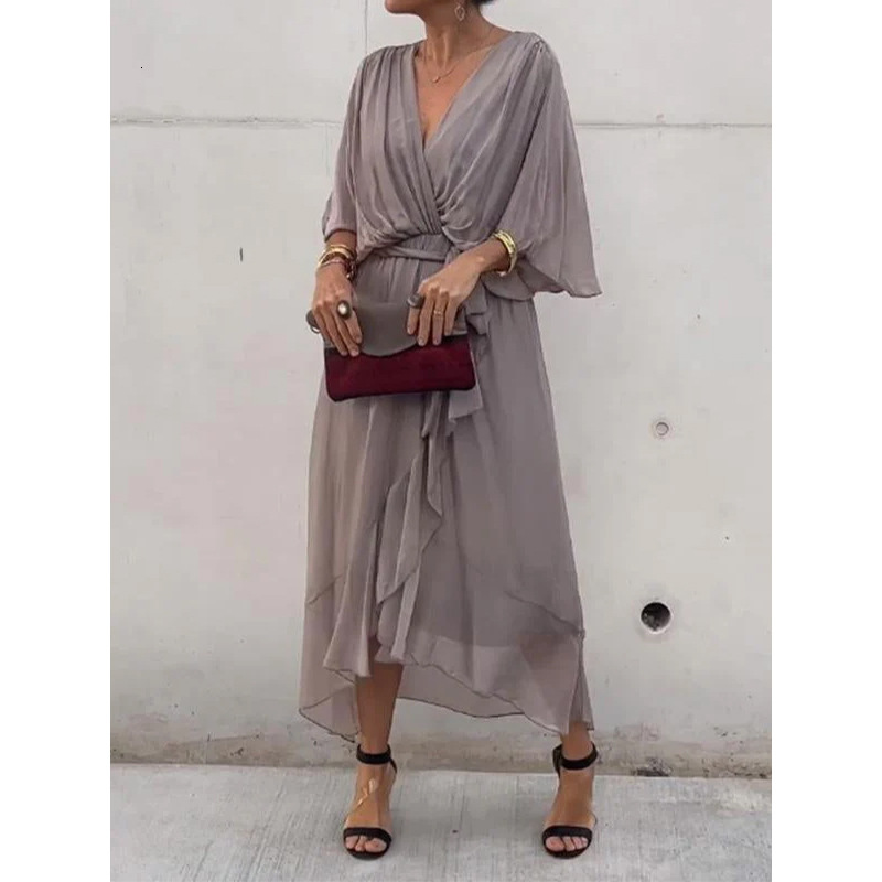Designer Plus Size Dress2025 New European And American Women's Fashion Cross-border Amazon Solid Color Tie Long Dress Batwing Sleeve Irregular Dr