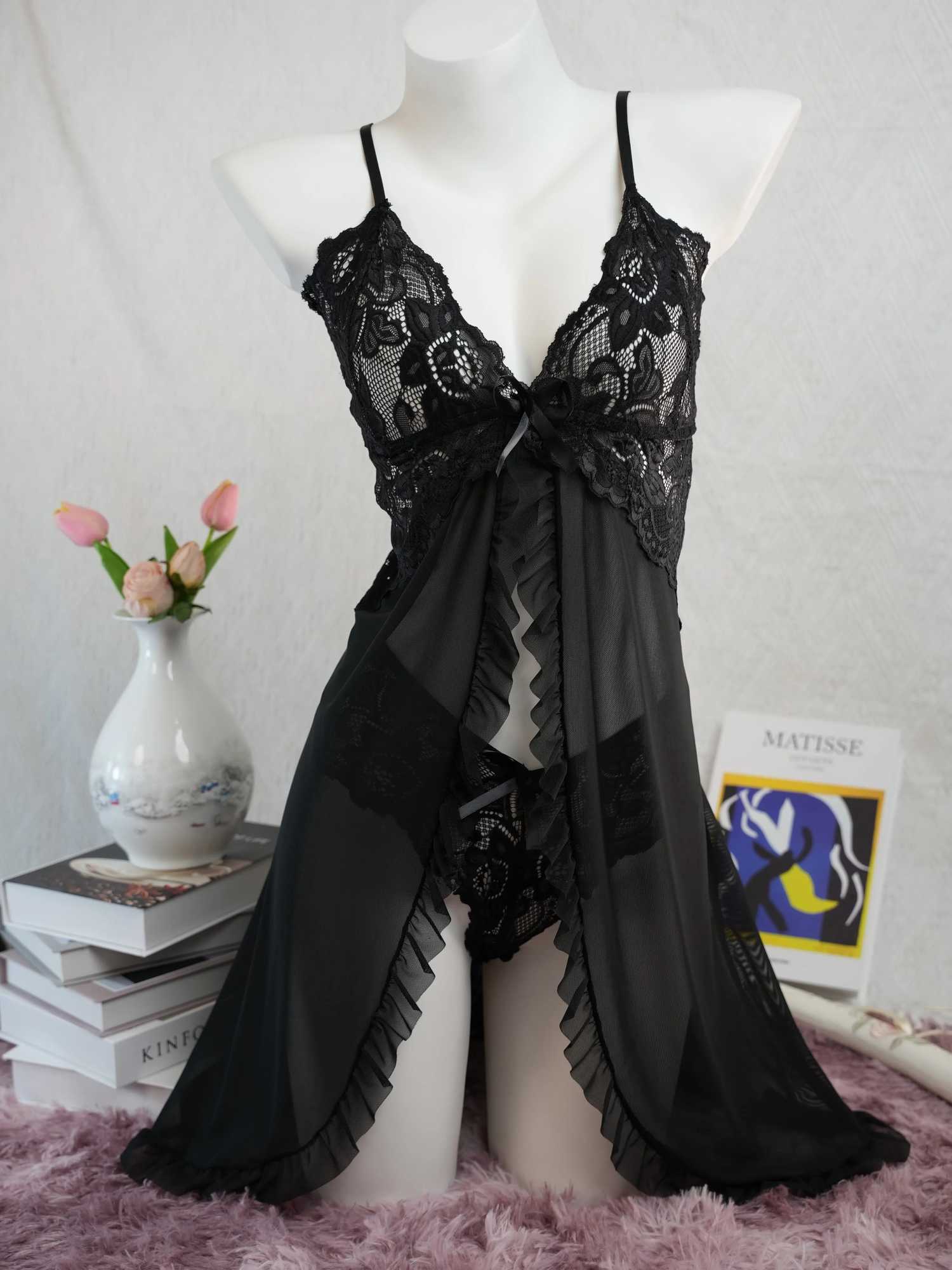 Transparent Red Sexy Lingerie Womens Underwear See Through Sleepwear Lace Nightdress And Panty Pajama Sets Female Sexy Nighty W250620