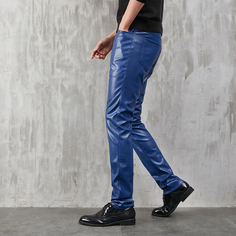 Mens Leather Pants Skinny Fit Stretch Fashion PU Trousers Party Dance Thin Streetwear 250614