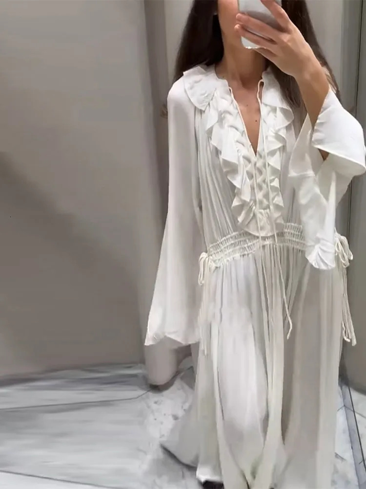 Lace Ruffled Women Dress V-Neck Side Straps Flared Sleeves Large Swing Elastic Waist Cinched Pleated Lace Up Loose Long Dresses 250619