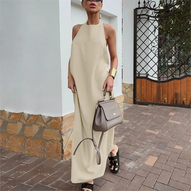 2025 summer skirt French cotton and linen neck halter dress loose vacation style vest skirt long skirt womens clothing 250619