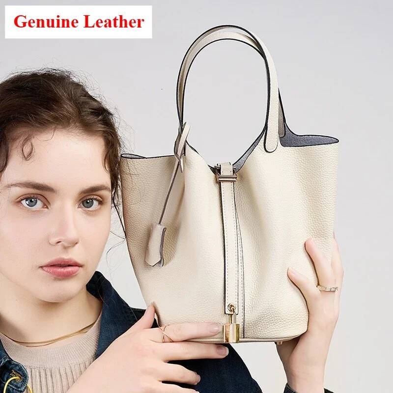 DHSM Genuine Leather Shoulder Bucket Bag Women Litchi Pattern Mini Basket Tote Soft Handbag Mommy Bride Wedding Bags with Lock