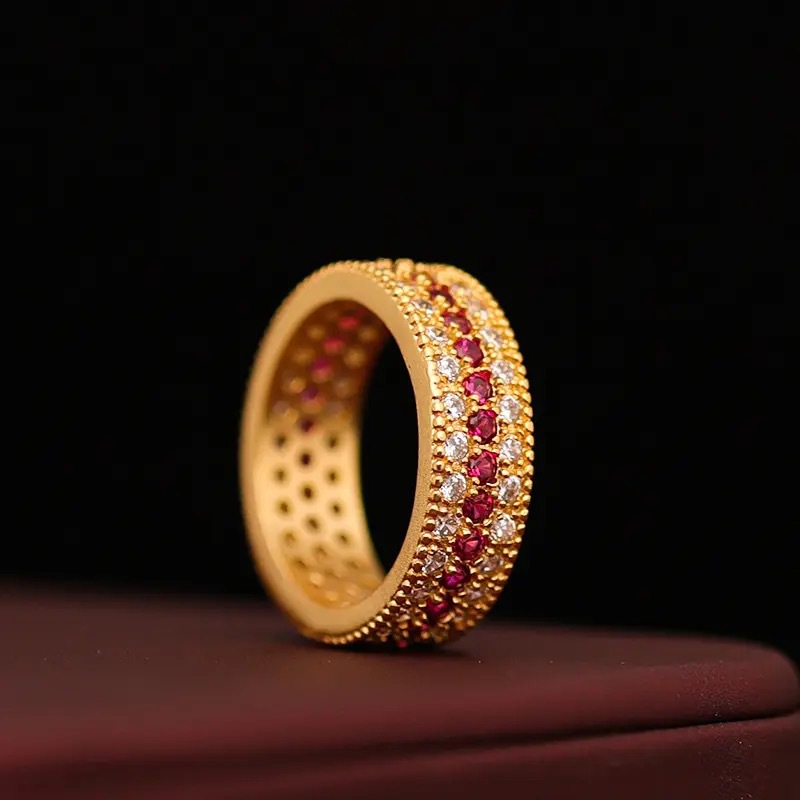 Ruby Ring, Women's Fashion, 925 Silver Inlaid Ruby, Starry Sky, Three Rows Full Moissanite Diamond Ring