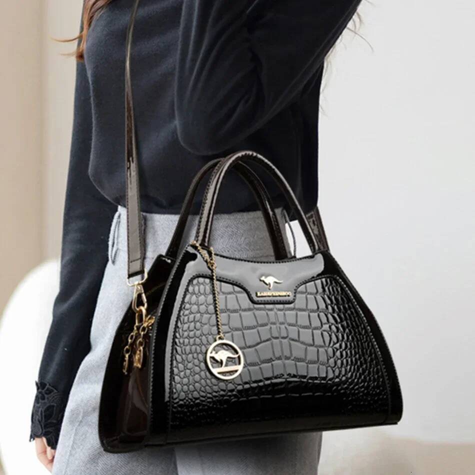 DHSM Patent Leather Handbags for Women Designer Crocodile Pattern Women's Shoulder Crossbody Bag Hobos Ladies Messenger Stone