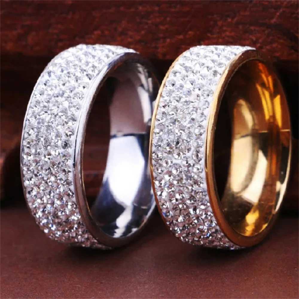 8mm Wide Five Rows Full Rhinestone Shiny Rings Stainless Steel Gold Silver Color Ring For Women Men Hip Hop Fashion Party Jewelry M250620