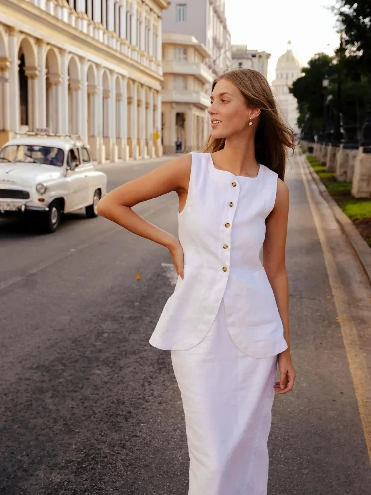 Chic Cotton Linen Long Skirt Set Women Summer Sleeveless Single Breasted Vest Top Back Split Maxi Skirts Lady 2 Piece Suits 250619