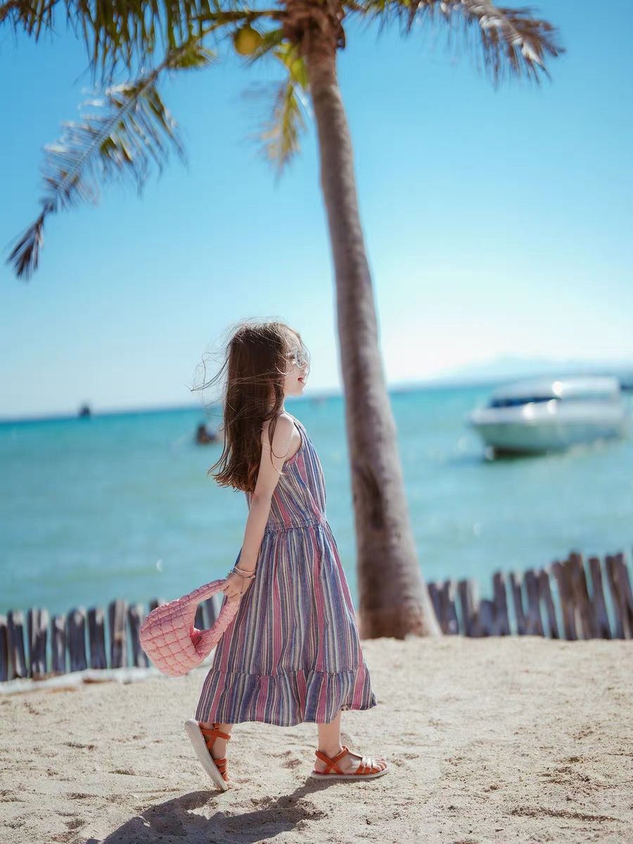 Girls' yarn dyed striped camisole dress Sweat absorbing and breathable daily dress