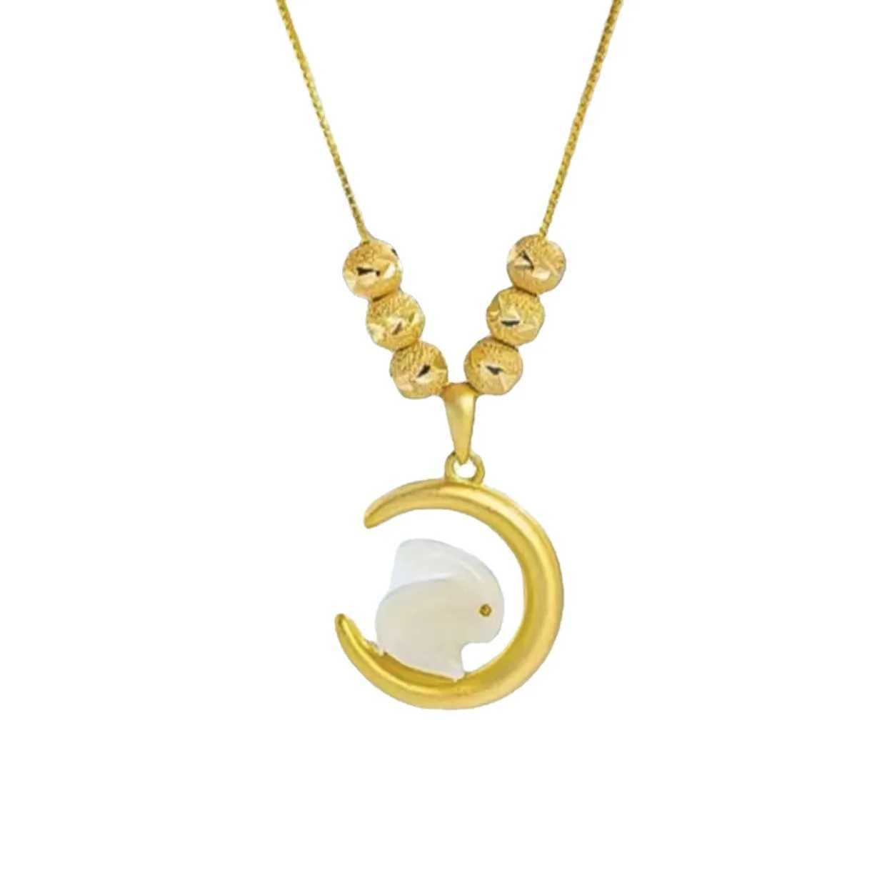 Real 18K Gold Smooth Moon Jade Rabbit Jade Pendant Necklace for Women Engagement Birthday Wedding Chain Necklaces Jewelry Gifts XJ250620