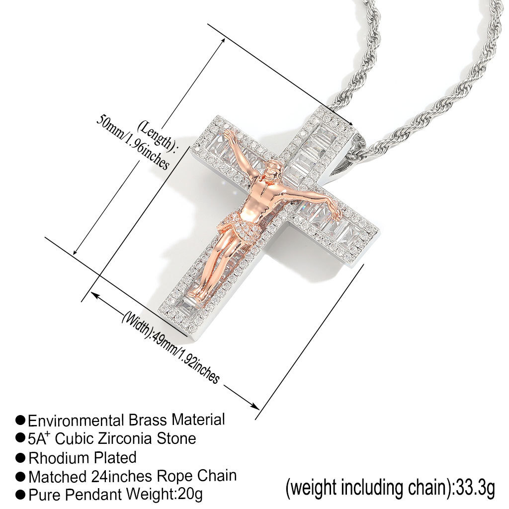 Hip Hop Rose Gold Jesus Cross 2 Tone Pendant Necklace Bling Baguette Cubic Zirconia Personalized Mens Jewelry Wolf Tide Swtrrewear Rapper Punk Rock Je