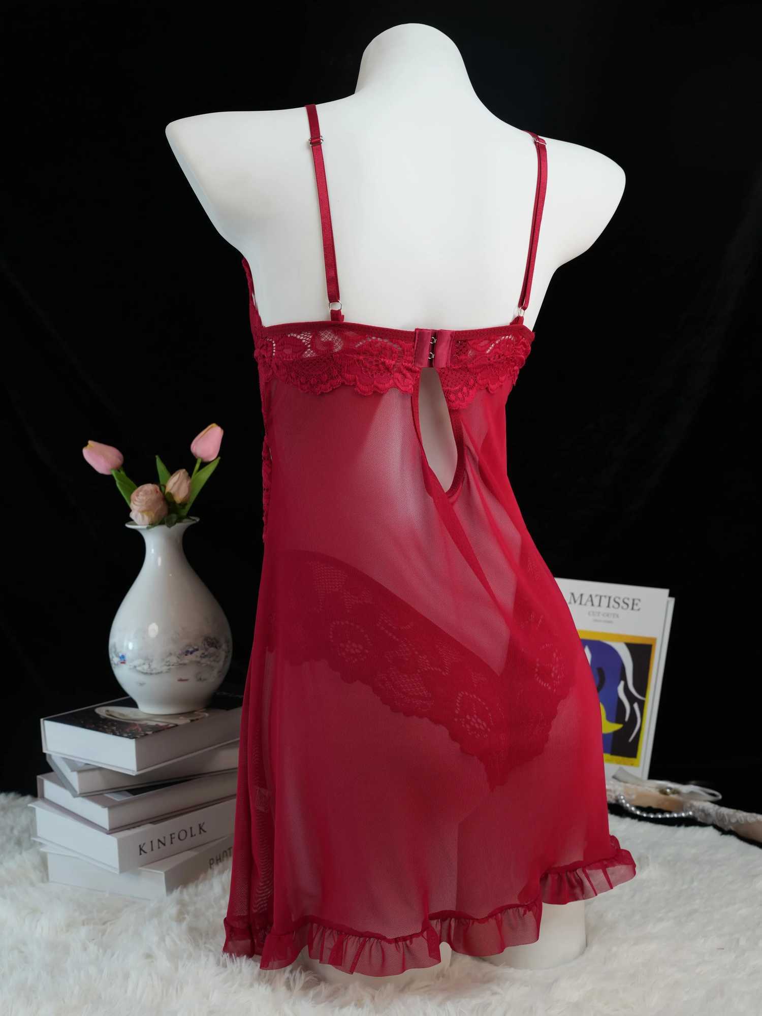 Transparent Red Sexy Lingerie Womens Underwear See Through Sleepwear Lace Nightdress And Panty Pajama Sets Female Sexy Nighty W250620