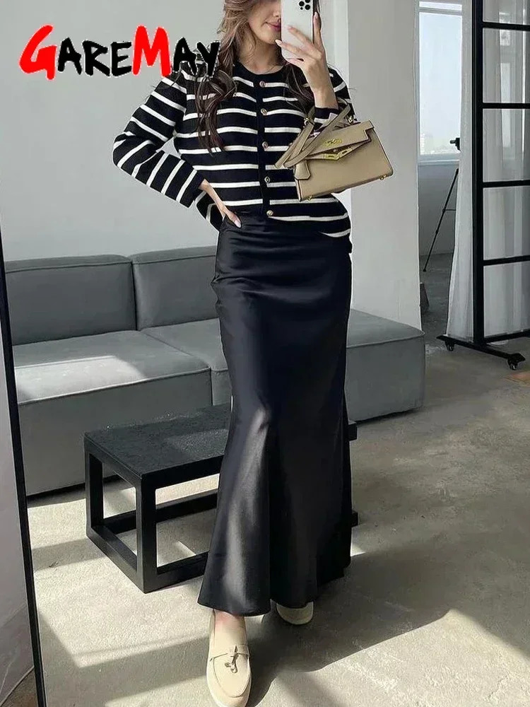 Womens Satin Skirt Brown A-line Elegant Vintage Women Midi Skirt Solid High Waist Autumn Winter Long Silk Skirts Black 2025 250619