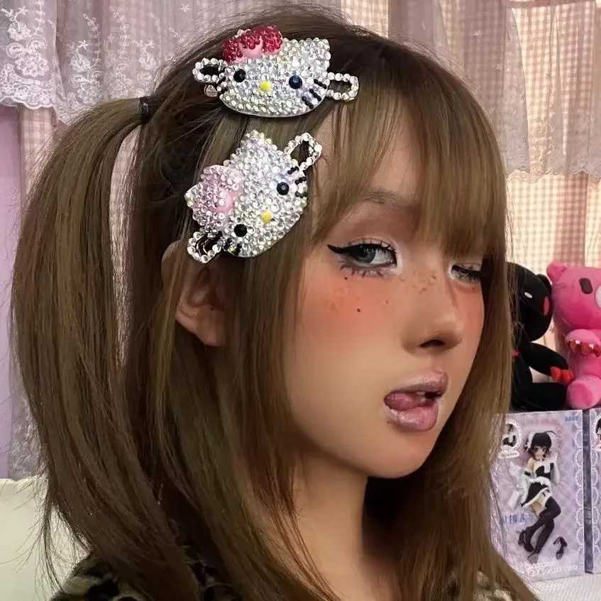 Sanrio kawaii Hello Kitty Hairpin Anime Kt Shiny Rhinestone Hair Clip Y2K Girls Barrettes Accessories Hair Clip Hairgrip Headdress Giftw250620