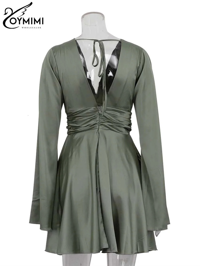 Oymimi Fashion Green Satin Womens Dress Elegant Deep V-Neck Long Sleeve Dresses Autumn High Waist Pleated Mini Dresses Female 250619