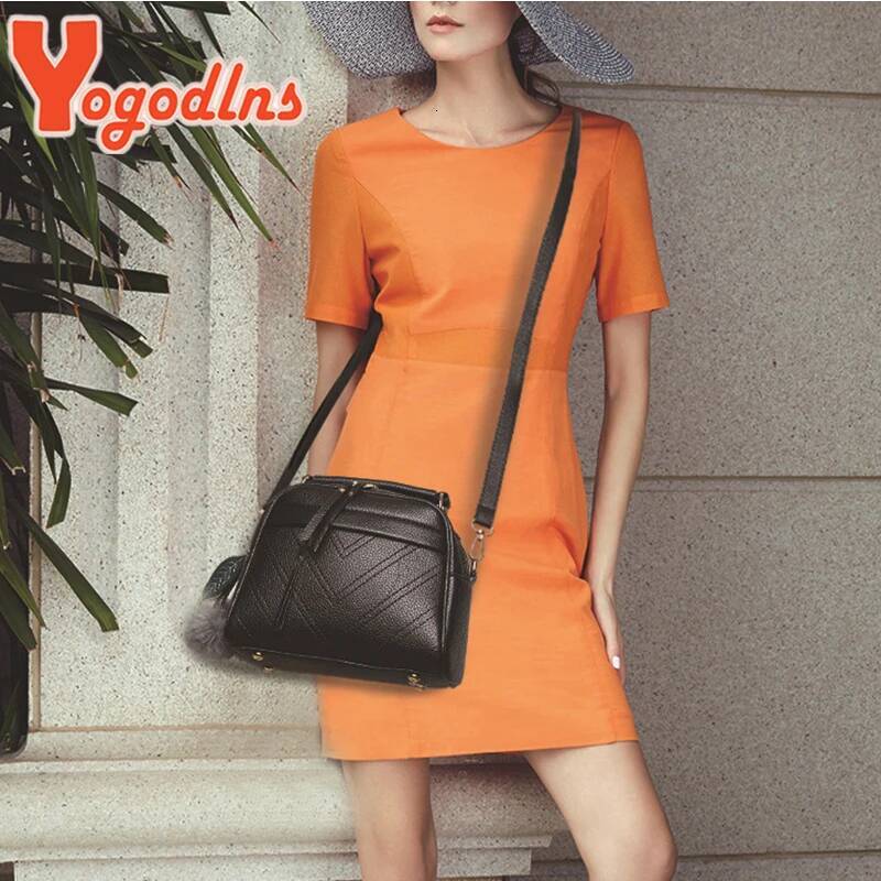 DHGM Yogodlns Embroidery thread Handbag Female PU Leather Shoulder Hair Ball Crossbody Trendy New Square Bag Purse sac