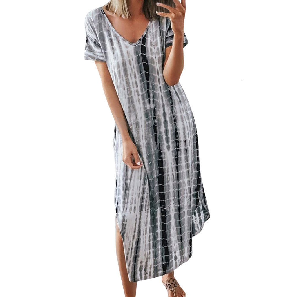 Designer Plus Size Dress2025 Summer New European And American Women's Printed Tie-dye Split V-neck Loose Slimming Plus Size Irregular Dress