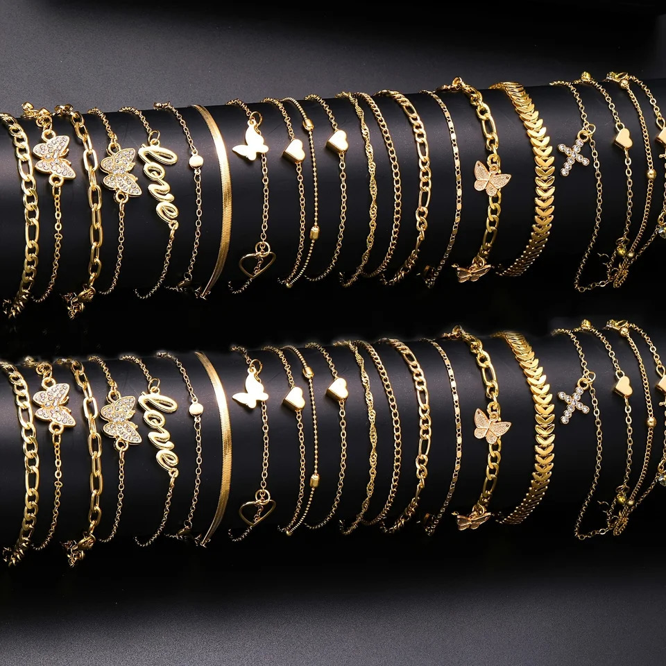 18Pcs Bohemian Summer Beach Anklet Set For Women Vintage Butterfly Heart Crystal Pendant Foot Bracelets Fashion Jewelry Gift 250606