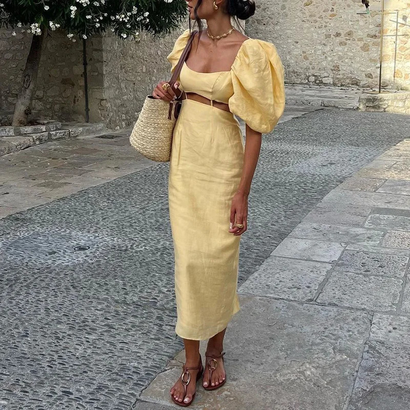 Womens Puff Sleeve Party Dress Ladies 2025 Hollow Waist High Street Summer Dress Elegant Solid Square Collar Holiday Long Dress 250619