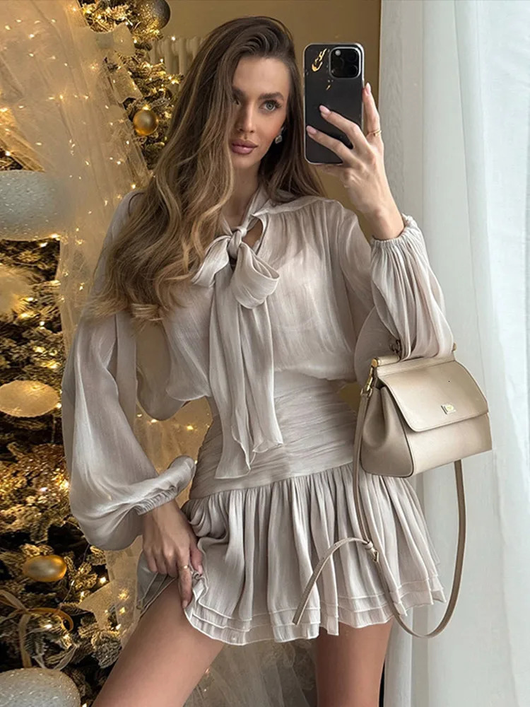 Elegant Bow Lace Up Top Skirts Set For Women O-neck Long Lantern Sleeve Blouses High Waist Pleated Skirt 2025 Lady Outfits 250619