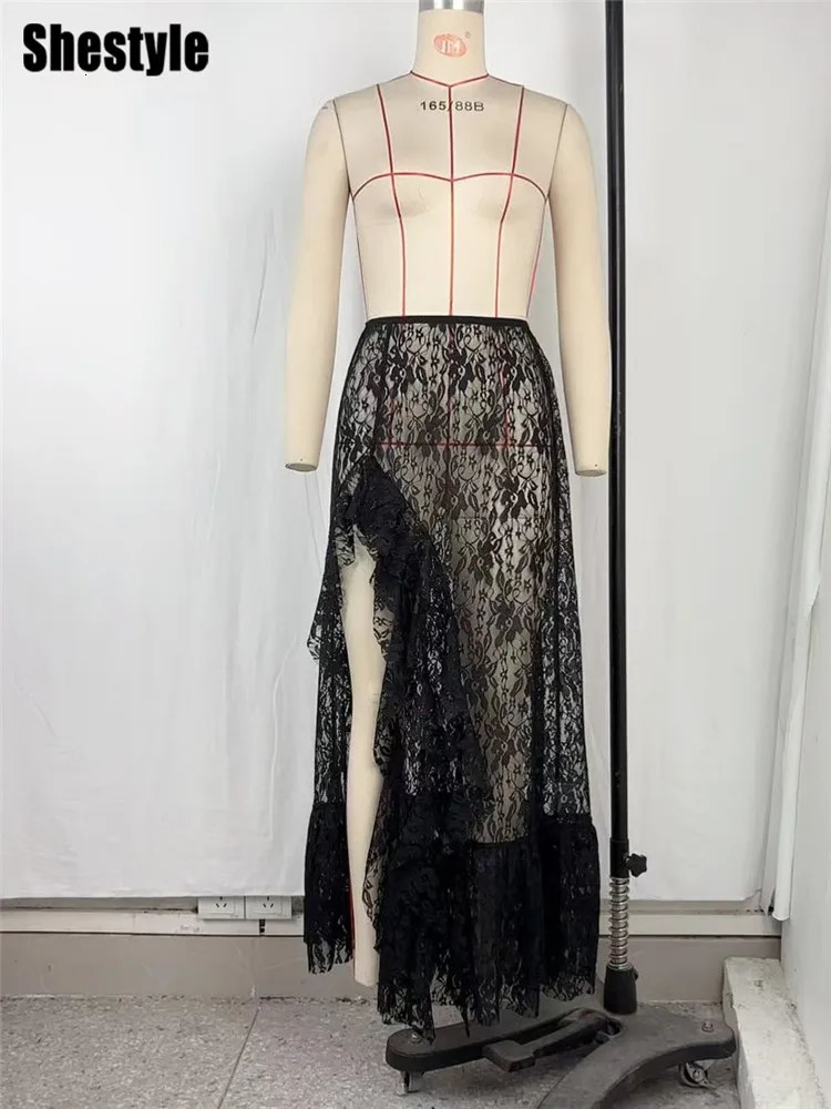Shestyle Lace Transparent Long Skirts for Women Asymmetrical Floral Ruffles Summer 2025 Nre Stylish Outfits Holiday Slit Elegant 250619