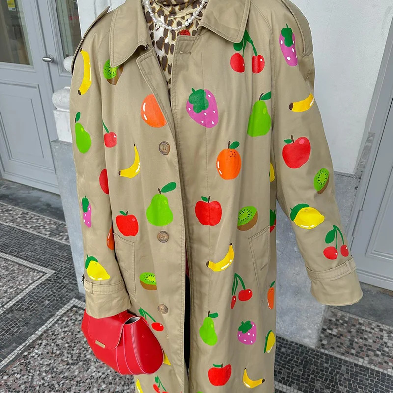 Autumn Winter Long Jacket Fruit Print Long Sleeve Trench Coat Niche Button Warm Overcoat High Street Lady Outerwear 250619
