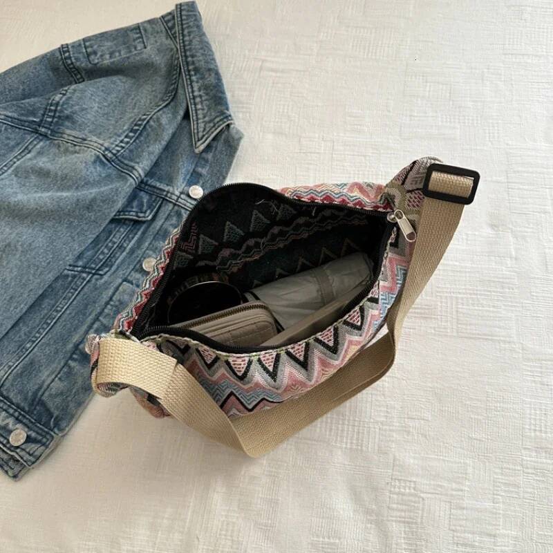 DHGM Wave Pattern Design Crossbody for Women New Large Capacity Canvas Shoulder Versatile College Students Dumplings Bag