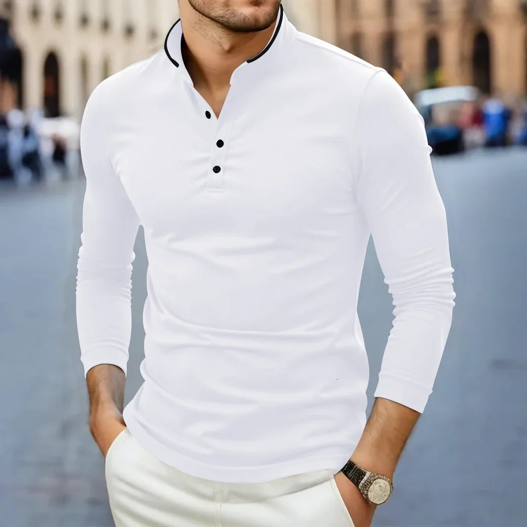 2025 Mens Casual and Fashionable Solid Color Long Sleeved Stand Up Collar Tshirt Summer Versatile Comfortable Top 250616