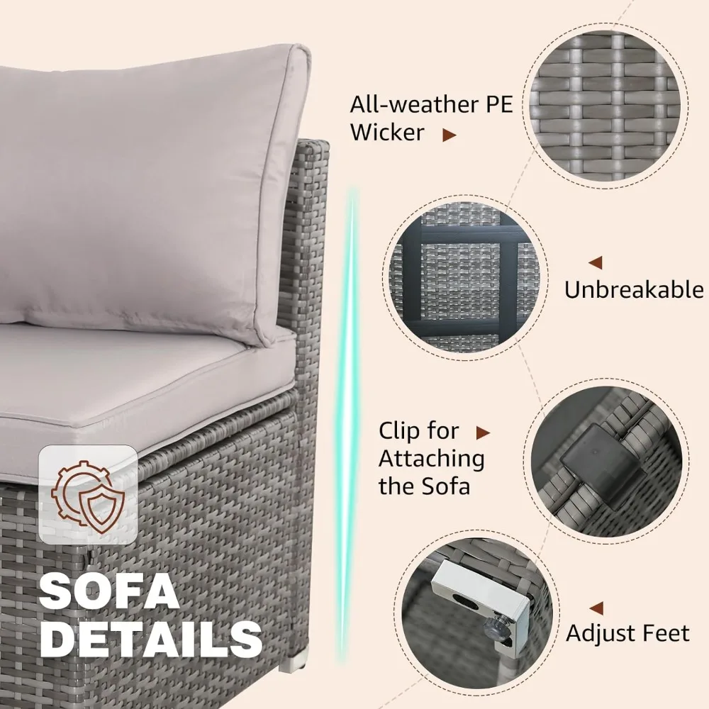 7 Pieces Patio Furniture Set, Patio Modular Patio Set Wicker Outdoor Sectional Sofa Set PE Rattan Wicker Patio Conversation Set, Gray Wicker/Gray Cush